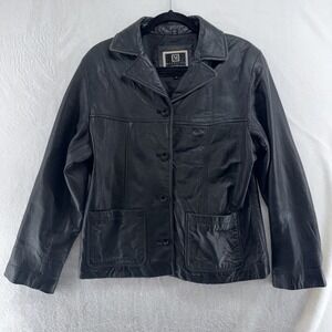 Maurices Womens Black Leather Button Front Blazer‎ Coat Size M Vintage Style